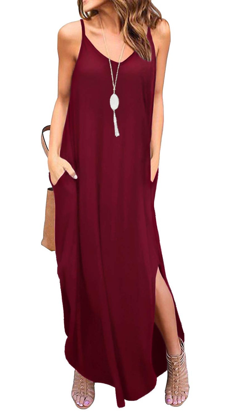 GRECERELLE Women's Summer Casual Loose Dress Beach Cover Up Long Cami Maxi Dress with Pocket Wine Red-Small - Image 1
